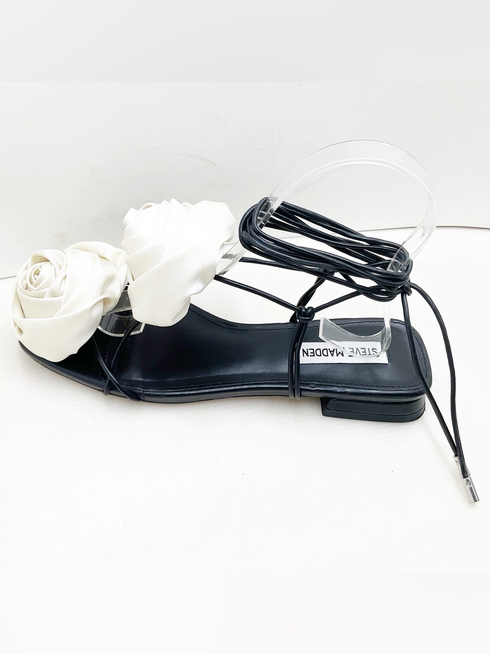 {Steve Madden} Rosalind Ivory Satin Rose Lace-Up Sandals - Picture 5 of 14